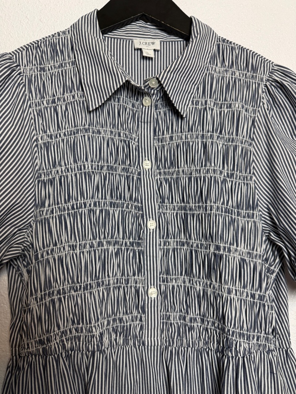 J. Crew Factory Navy and White Striped Smocked Shirt Dress Large - Picture 3 of 9
